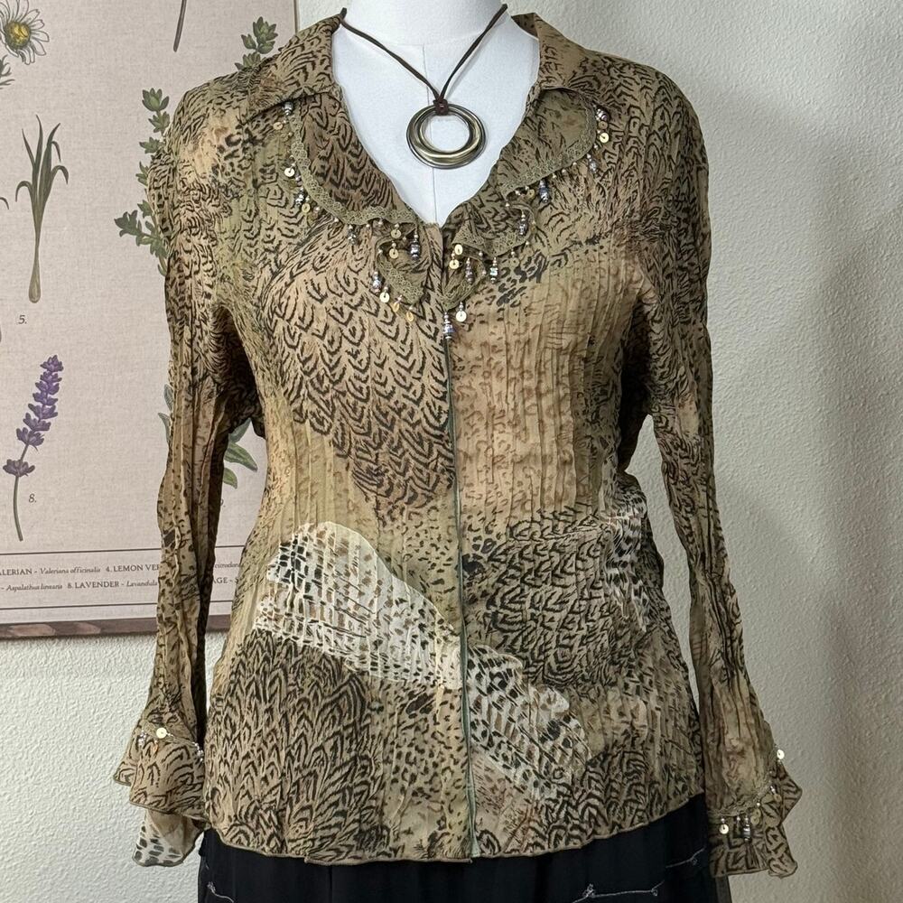 Vintage 90s Y2k Animal Print Crinkle Beaded Lace Collar Top Fairy Grunge Boho L